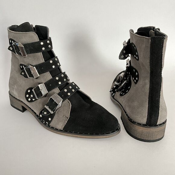 Girotti Bootie Women Size 41 US 10 - 10.5M Gray Black Suede Quad Buckle Studded - Picture 3 of 13